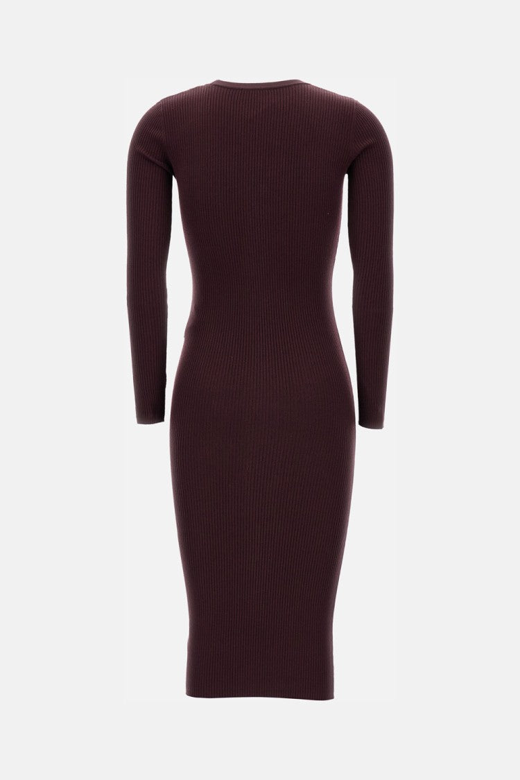 Elisabetta Franchi Burgundy Ribbed Midi Dress With V-Neck