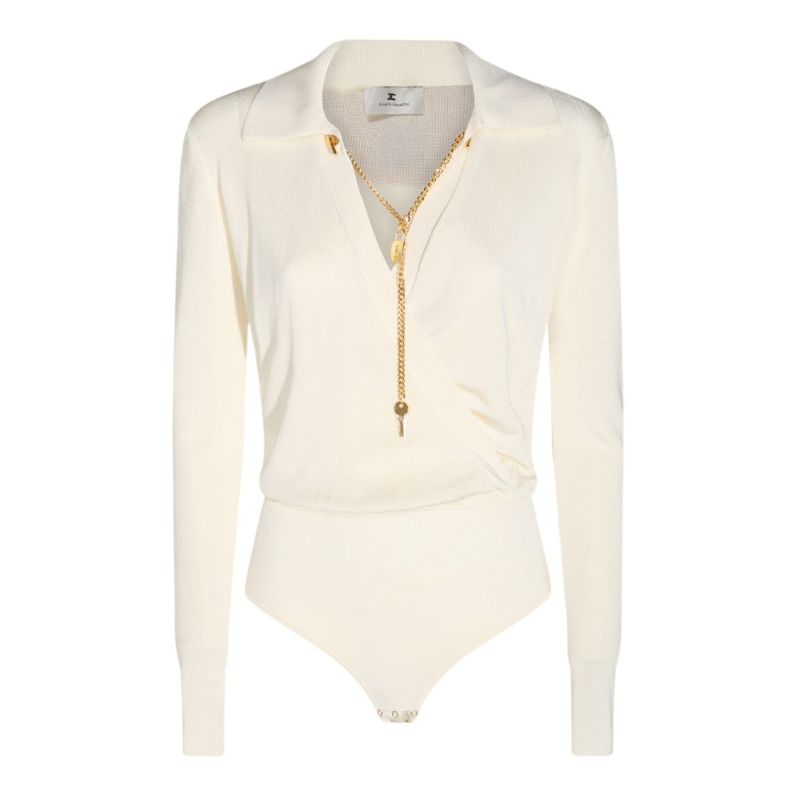 Elisabetta Franchi Gold Chain Deep V-Neck Long-Sleeved Bodysuit