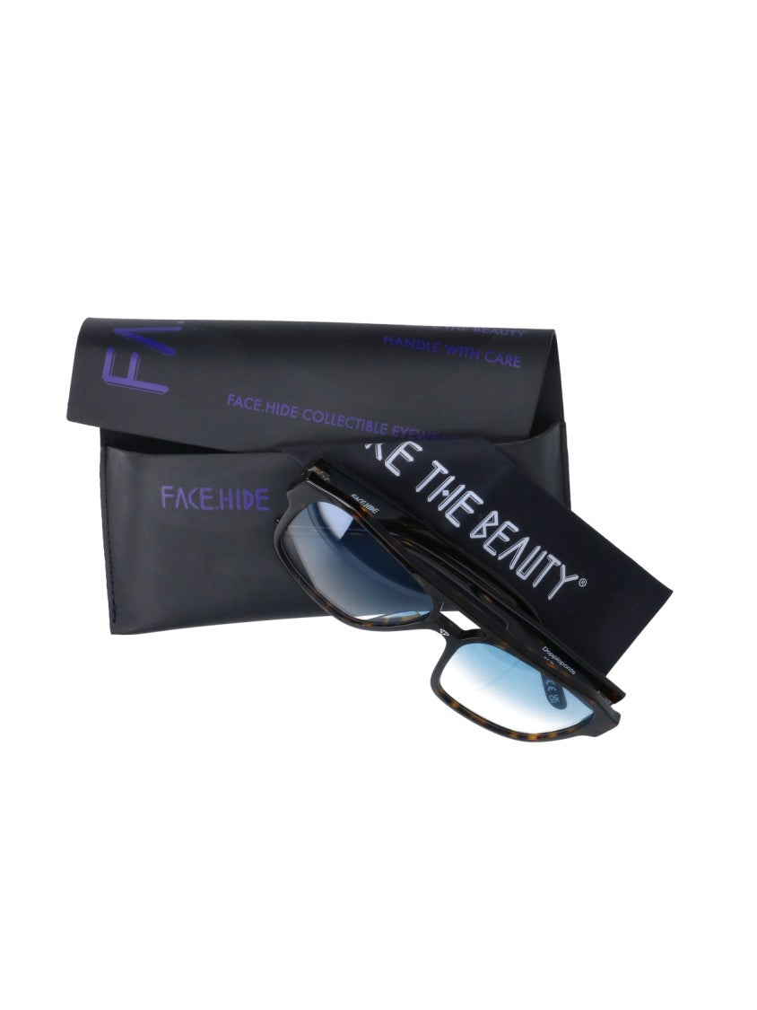 Facehide Rectangular Double Bridge Facehide Sunglasses With Gradient Blue Lenses