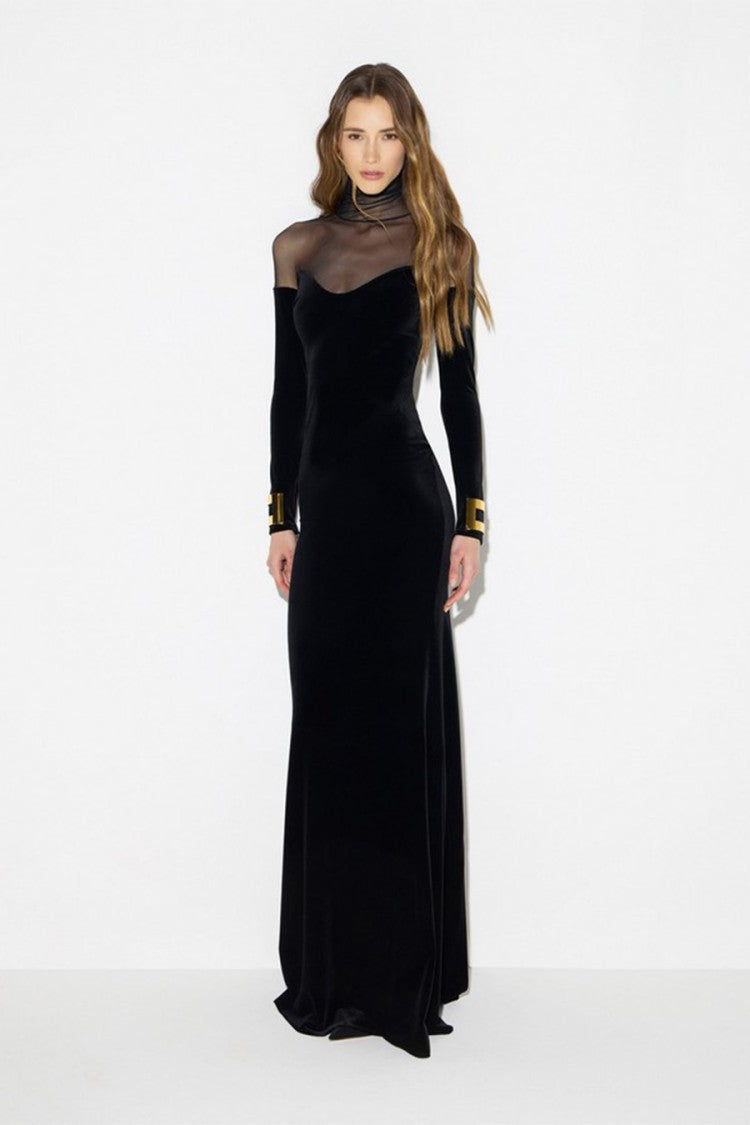 Elisabetta Franchi Black Polyester-Elastane Blend Sheer-Yoke Velvet Dress