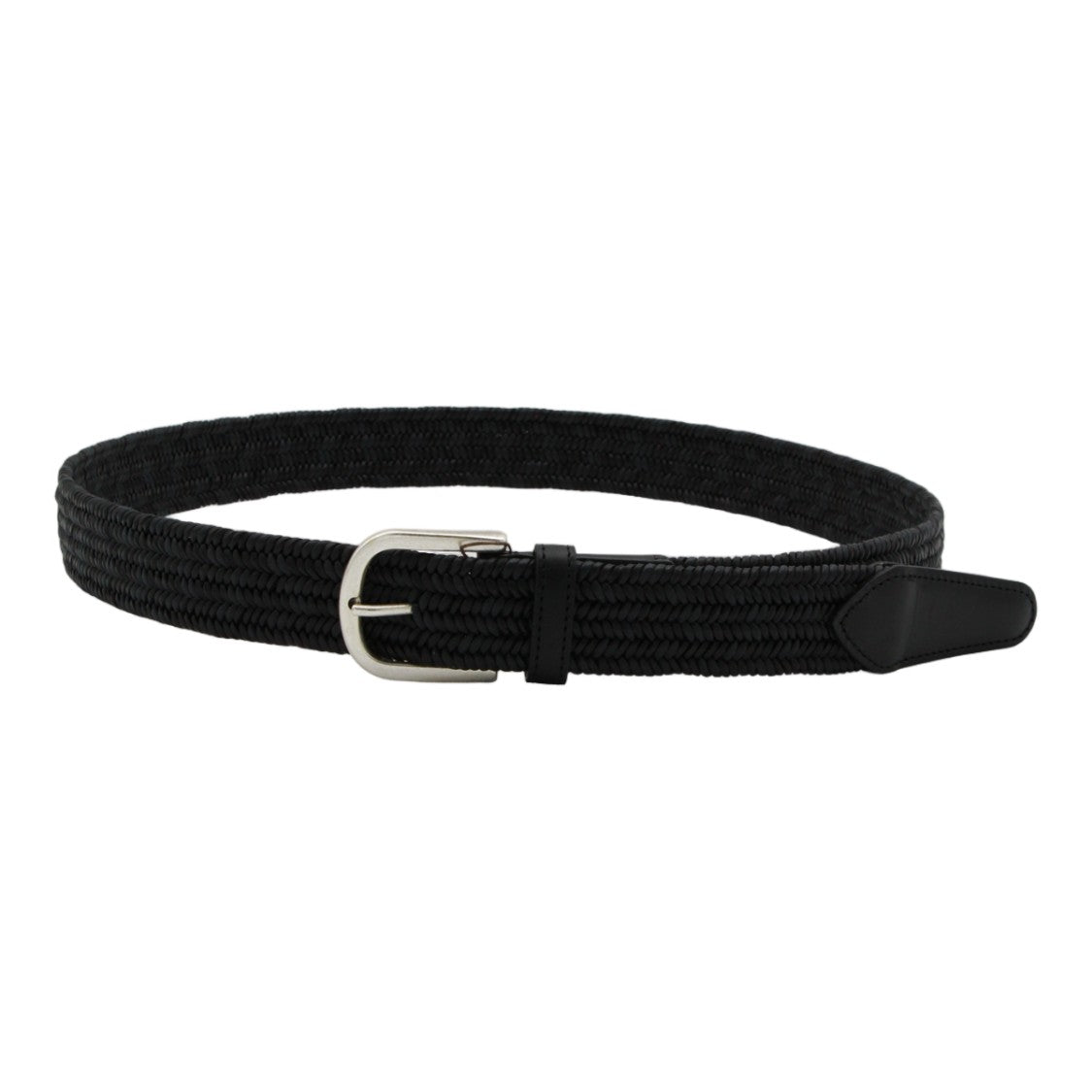 Canali Textured Braided Black Belt With Silver-Toned Buckle