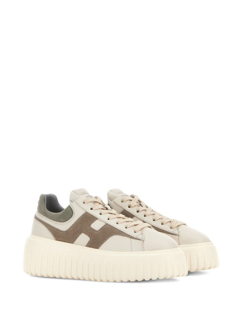 Hogan Beige Platform Lace-Up Flats With Distinctive Side Logo