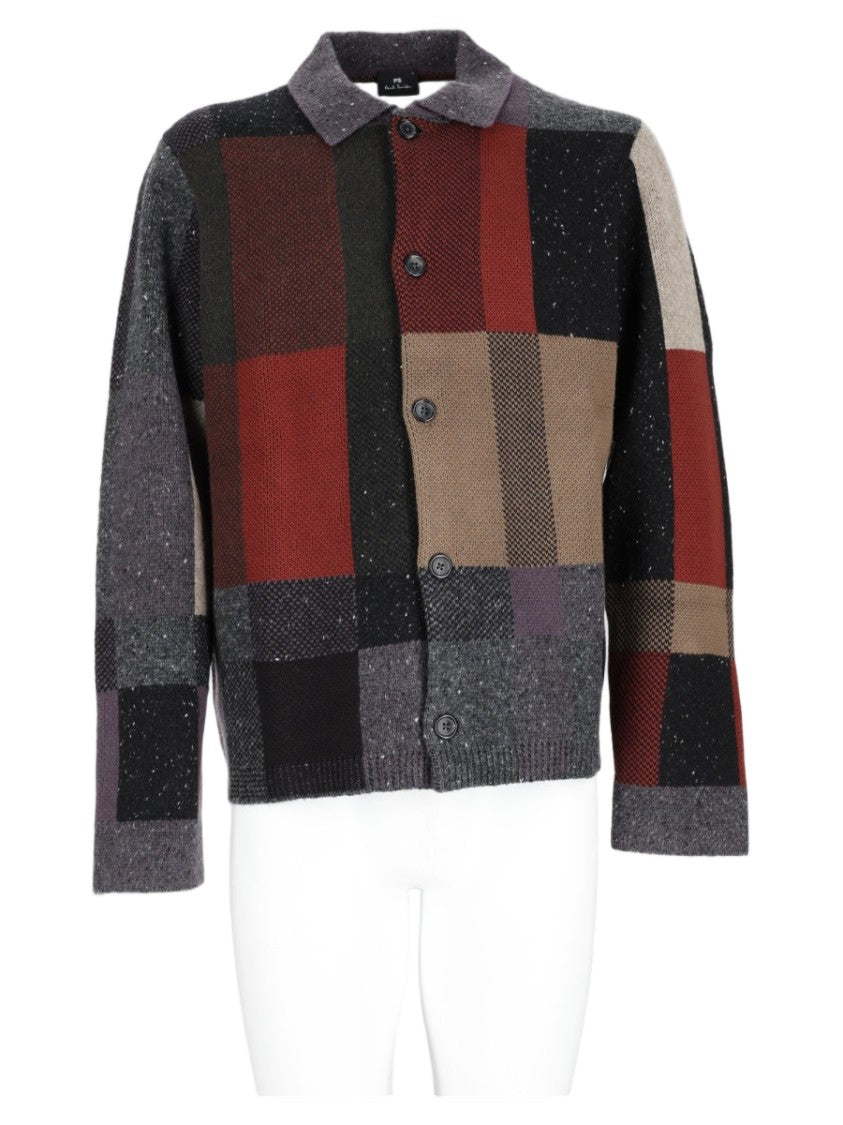 Ps Paul Smith Black Wool-Blend Rich Tone Patchwork Button-Up Sweater