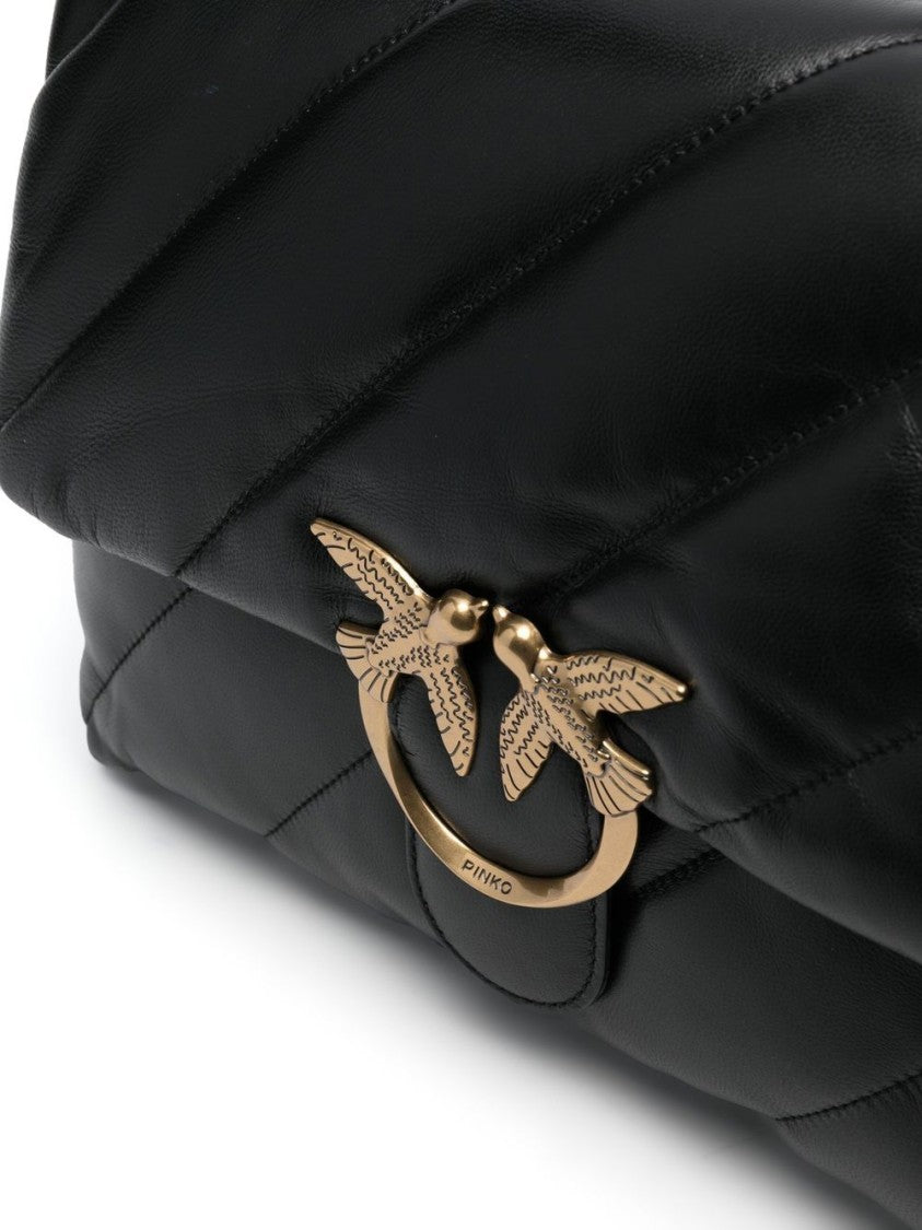 Pinko Quilted Black Calf Leather Shoulder Bag With Signature Love Birds Buckle