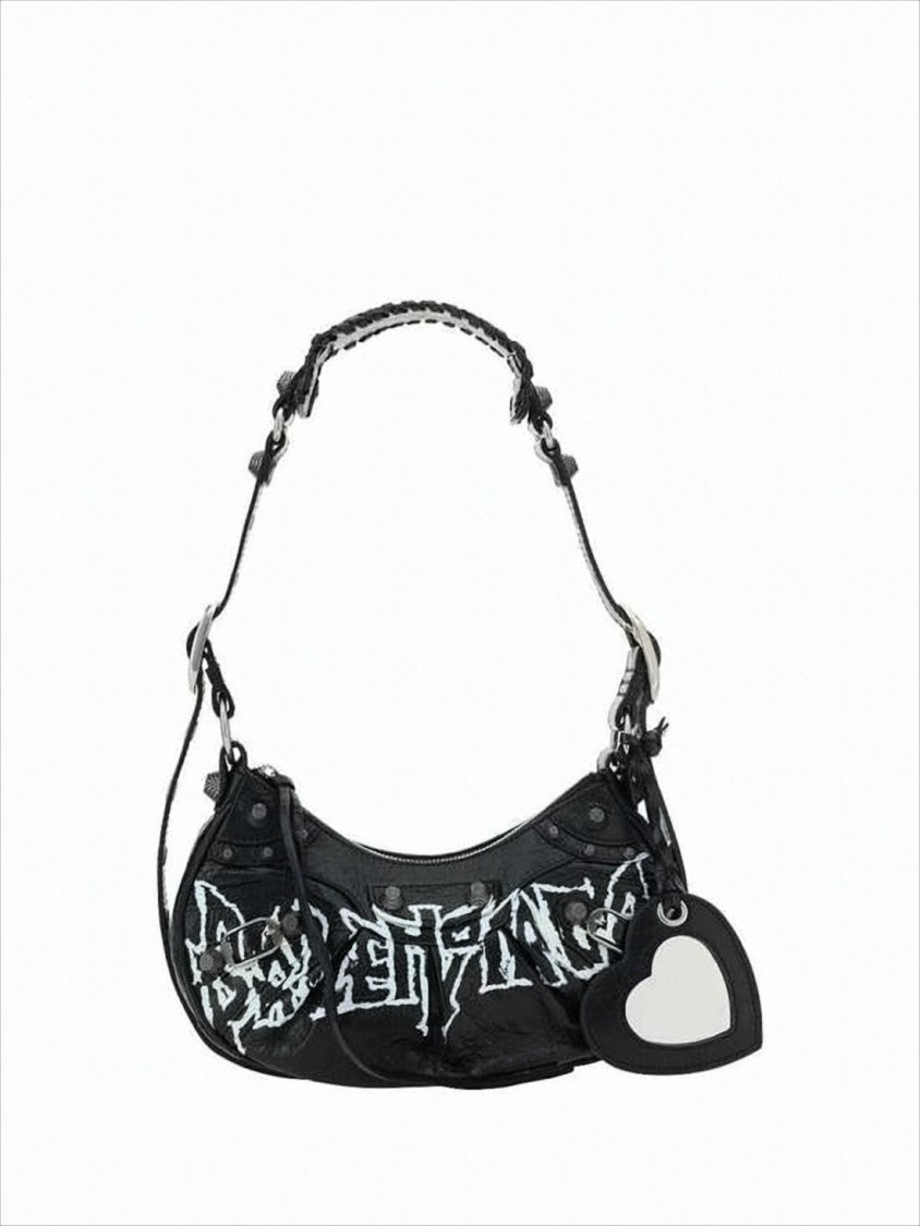 Balenciaga Crescent-Shaped Black Lambskin Shoulder Bag With Silver Hardware