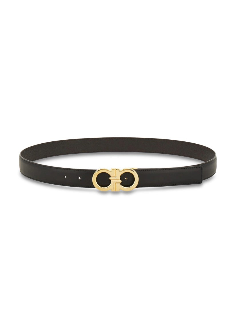 Ferragamo Narrow Black Calfskin Belt With Polished Gold-Tone Buckle