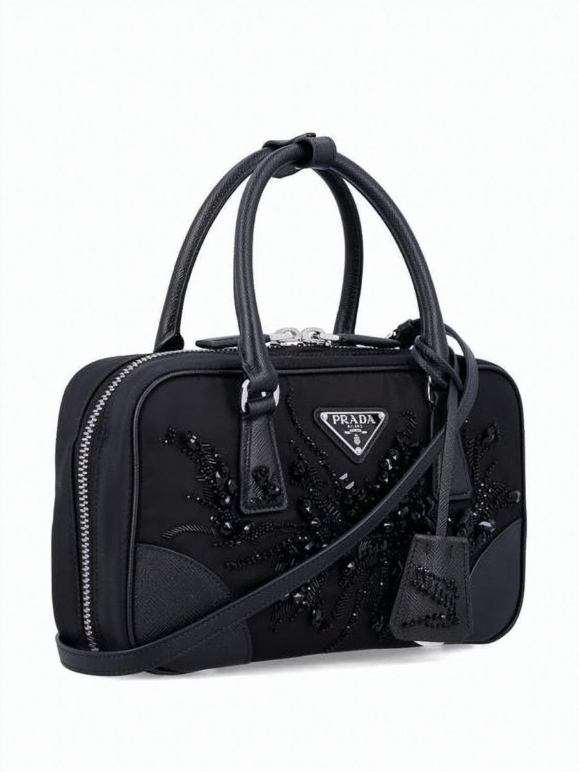 Prada Embellished Nylon Tote Bag With Leather Accents