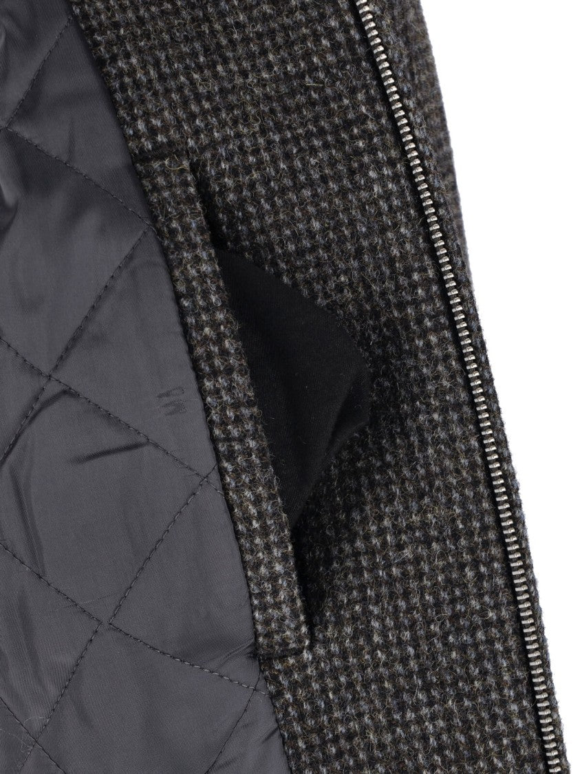 Dunst Brown Checkered High-Collar Wool Bomber Jacket