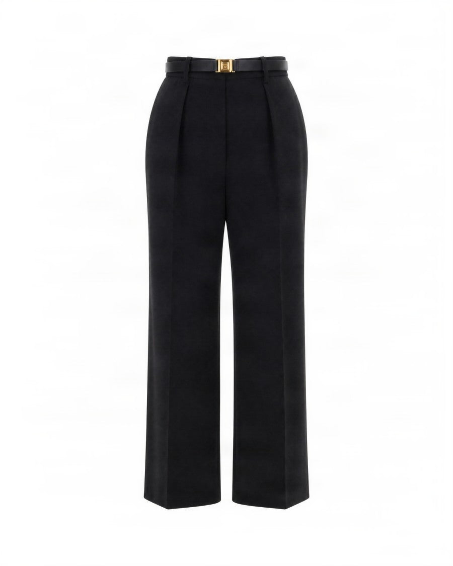 Elisabetta Franchi High-Waisted Gold Buckle Tailored Straight-Leg Pants