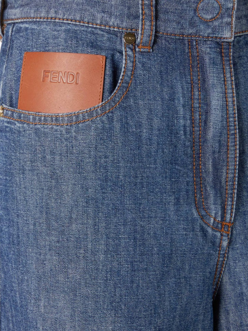 Fendi Wide-Leg Chambray Pants With High Waist And Contrast Stitching