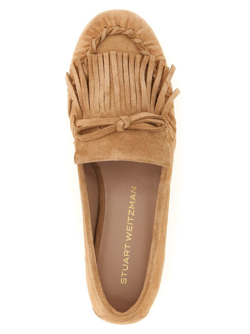 Stuart Weitzman Suede Loafers With Tone-On-Tone Fringes And Decorative Bow