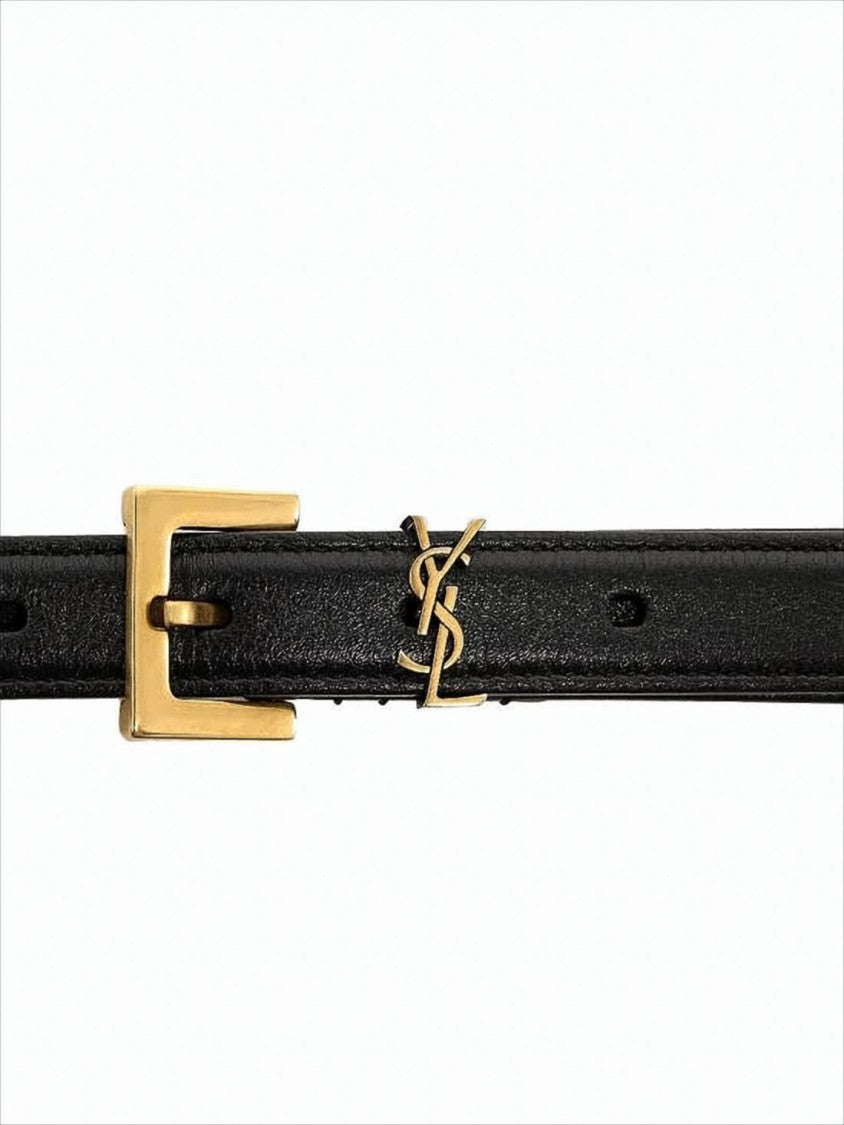 Saint Laurent Slim Cowhide Leather Belt With Rectangular Gold Buckle