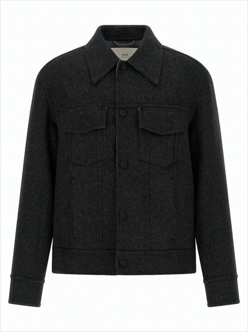 Ami Paris Charcoal Wool Jacket With Structured Silhouette