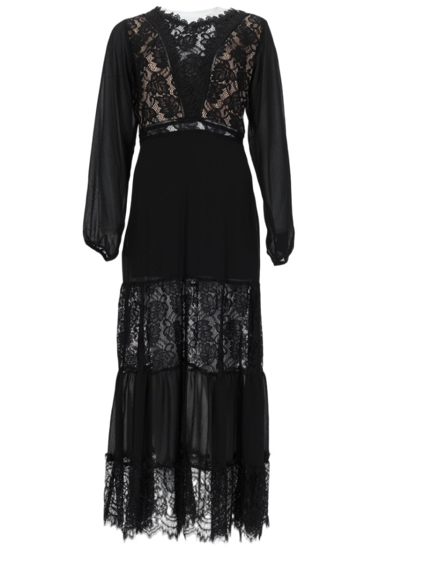 Nj Couture Midi Dress With Intricate Lace Detail And Sheer Sleeves