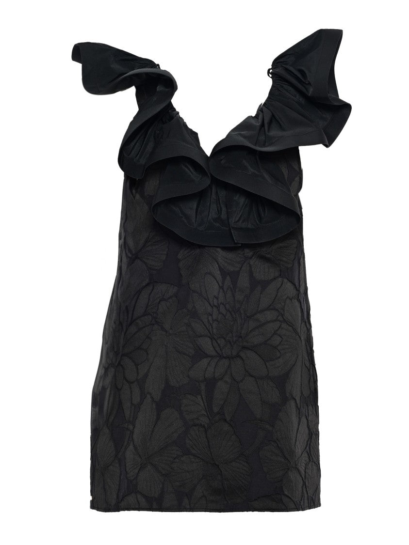 Elisabetta Franchi Textured Floral Dress With Ruffled Neckline
