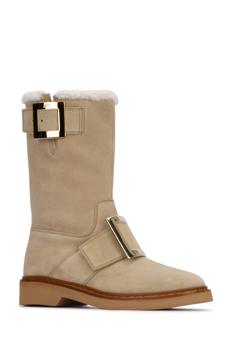 Roger Vivier Mid-Calf Beige Suede Boots With Shearling Lining