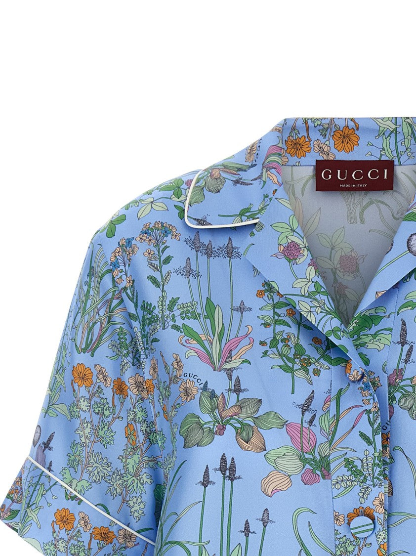 Gucci Floral Print Silk Twill Blouse With V-Neck And Contrast Piping