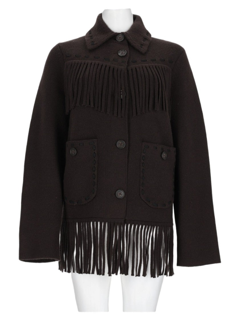 Guest In Residence Brown Fringe Button-Down Cashmere-Blend Sweater