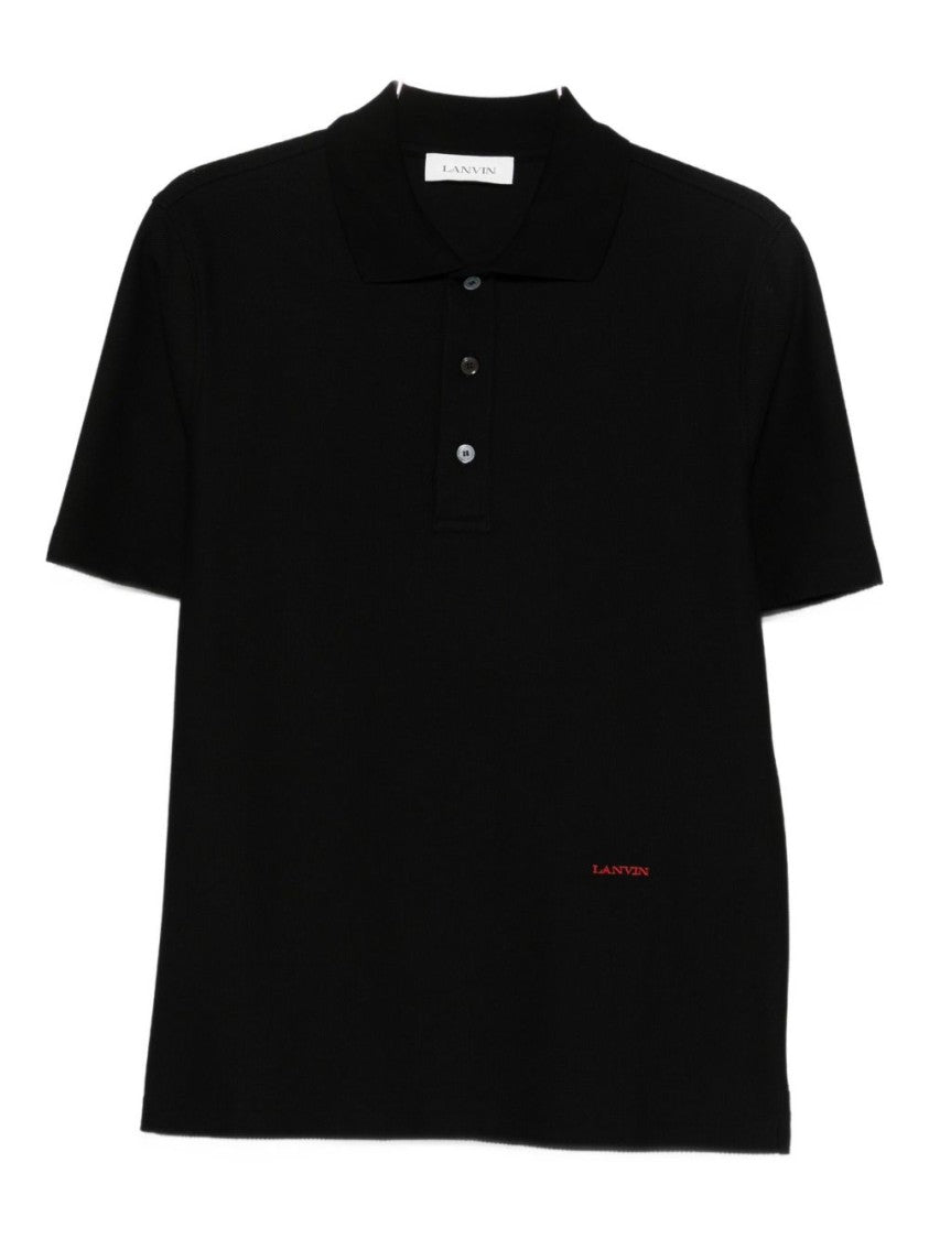 Lanvin Black Three-Button Embroidered Cotton Polo