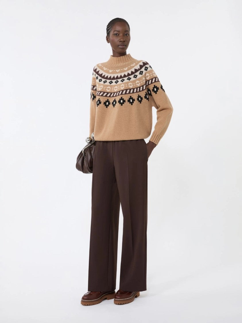 Max Mara Brown Knit Sweater With Patterned Yoke