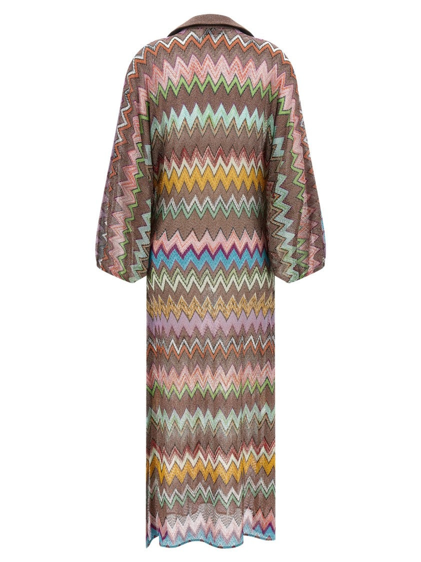 Missoni Zigzag Knit Lamé Midi Dress With Puff Sleeves