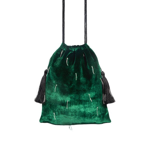 Hamoulet Small Green Velvet Drawstring Bag With Silver Embroidery