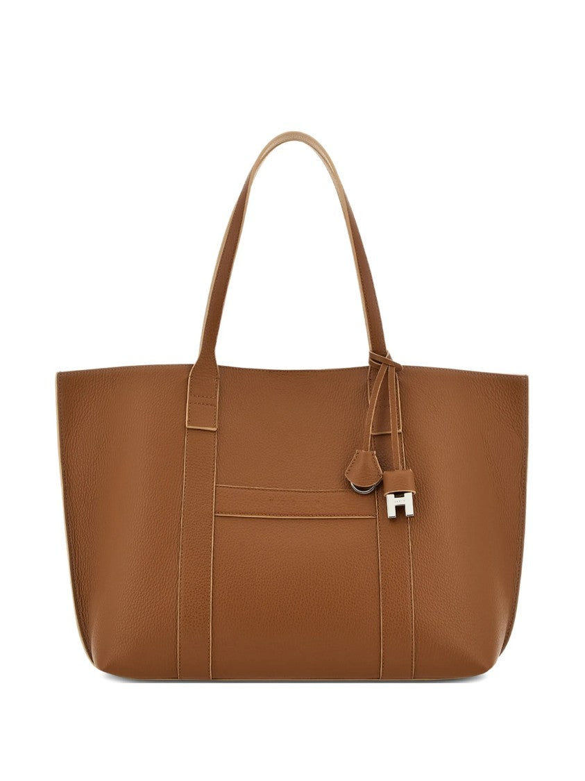 Hogan White Spacious Textured Leather Charm Tote