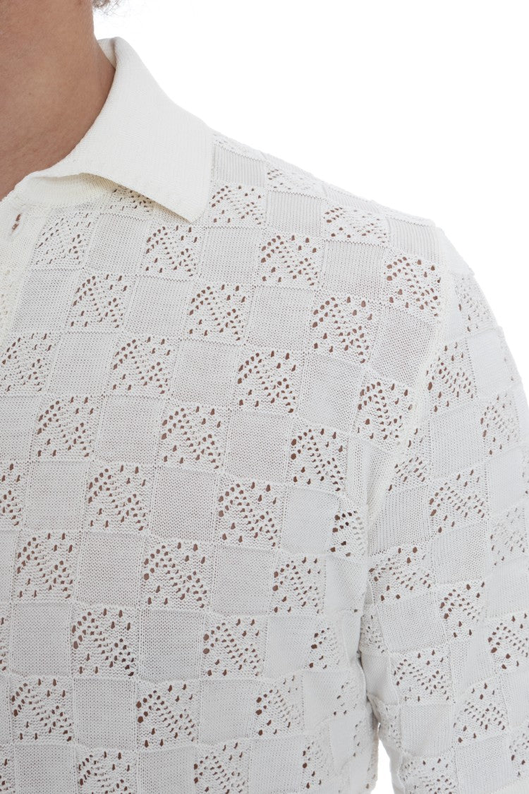 Eleventy Short-Sleeved White Checkered Polo Shirt With Mother-Of-Pearl Buttons