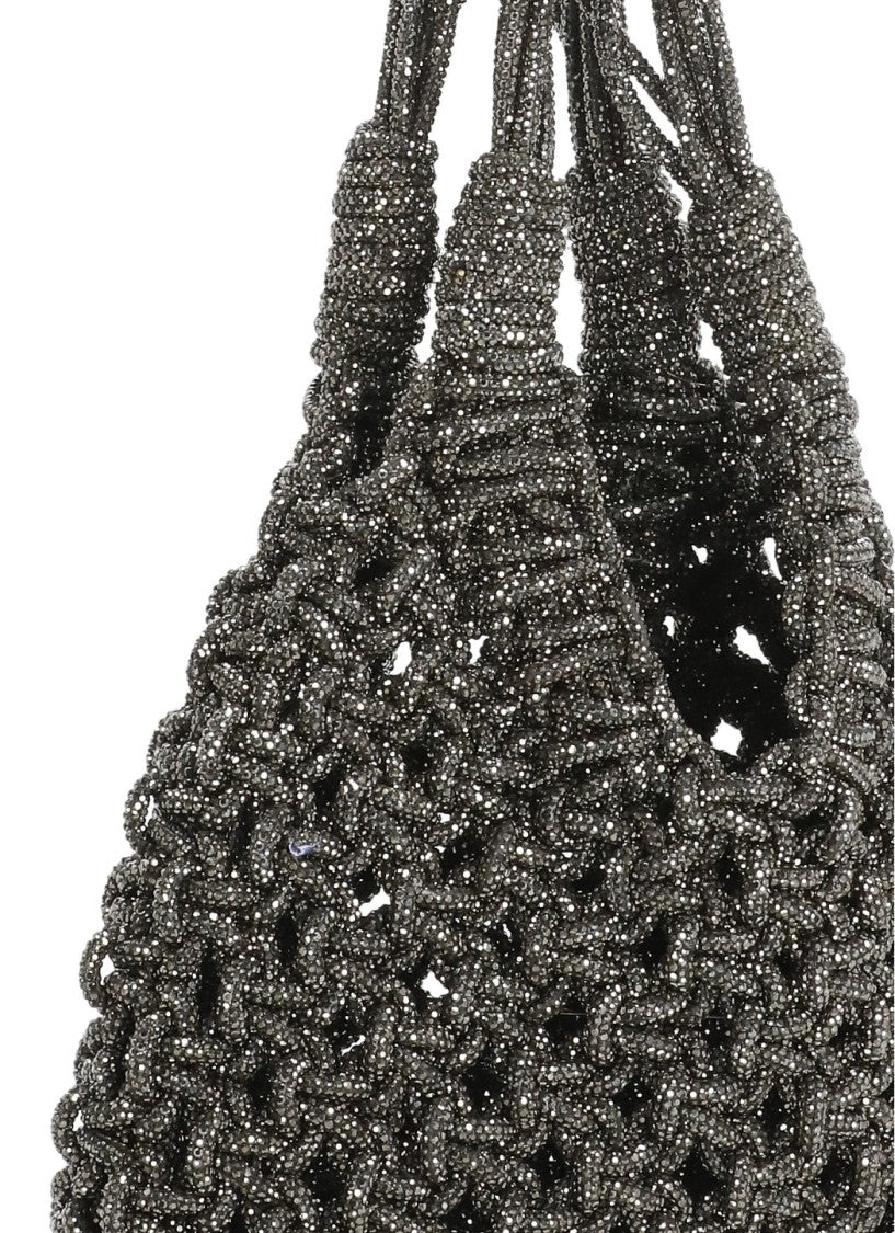 Hibourama Intricate Grey Hematite Jewelry Bag With Woven Crystal Design