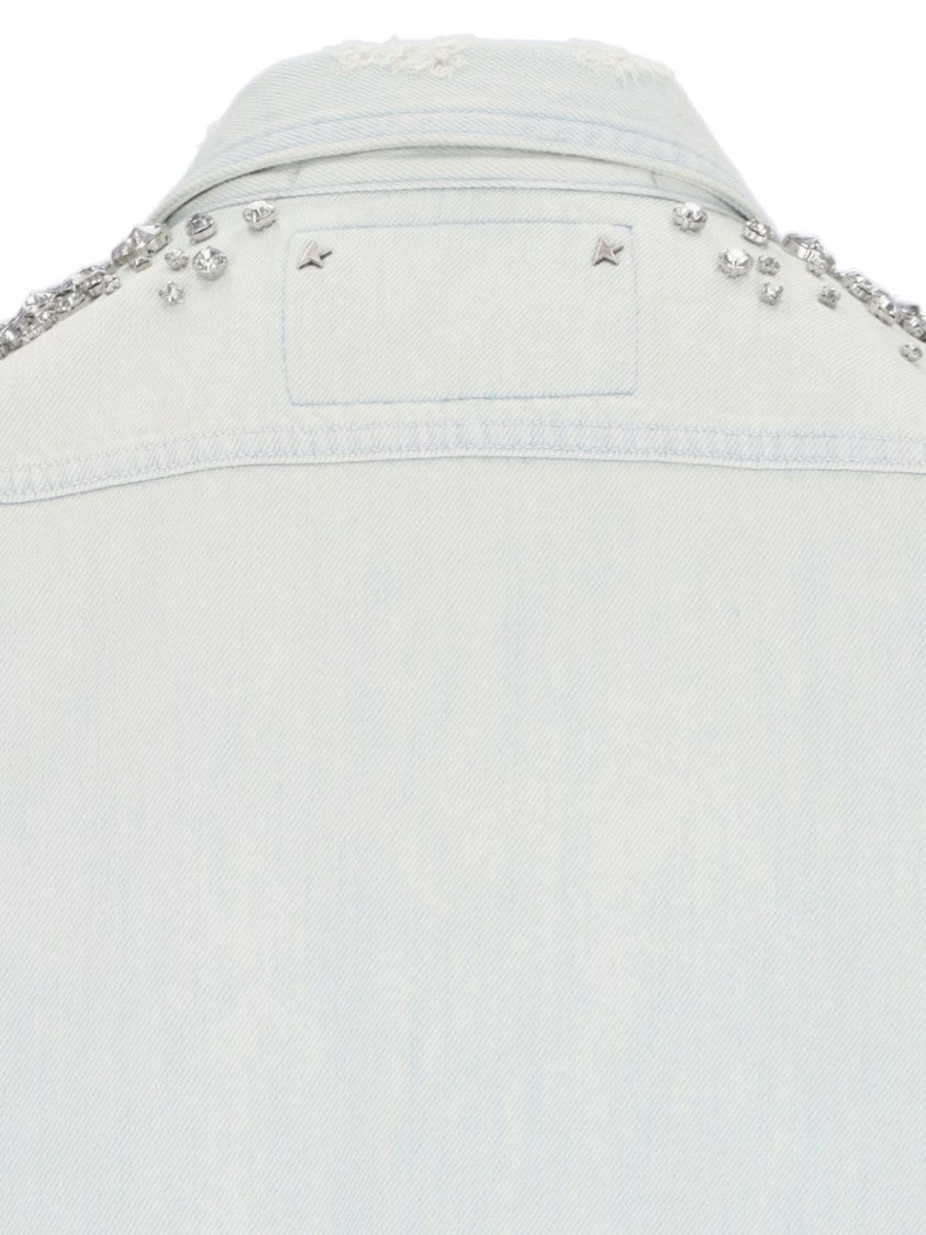 Golden Goose Light Blue Denim Shirt With Embellished Shoulders