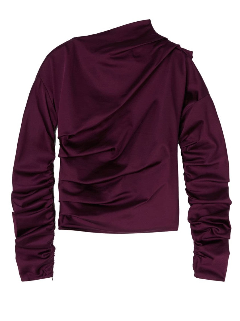 Ganni Burgundy Acetate-Blend Gathered Ruched Top