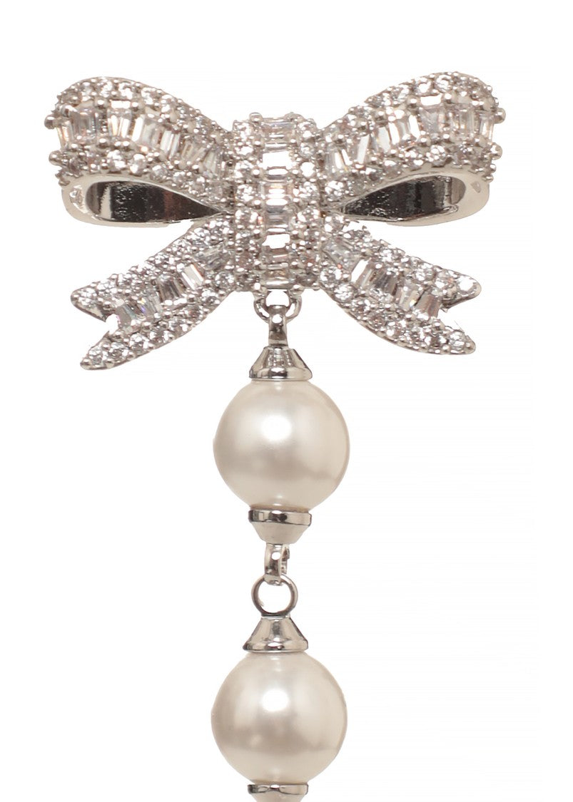 Self-Portrait Crystal Bow Droplet Earrings With Pearl Accents