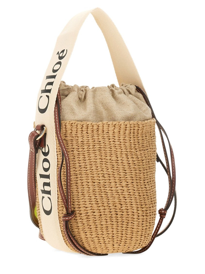 Chloé Woven Paper Bucket Bag With Leather Trim And Dual Straps