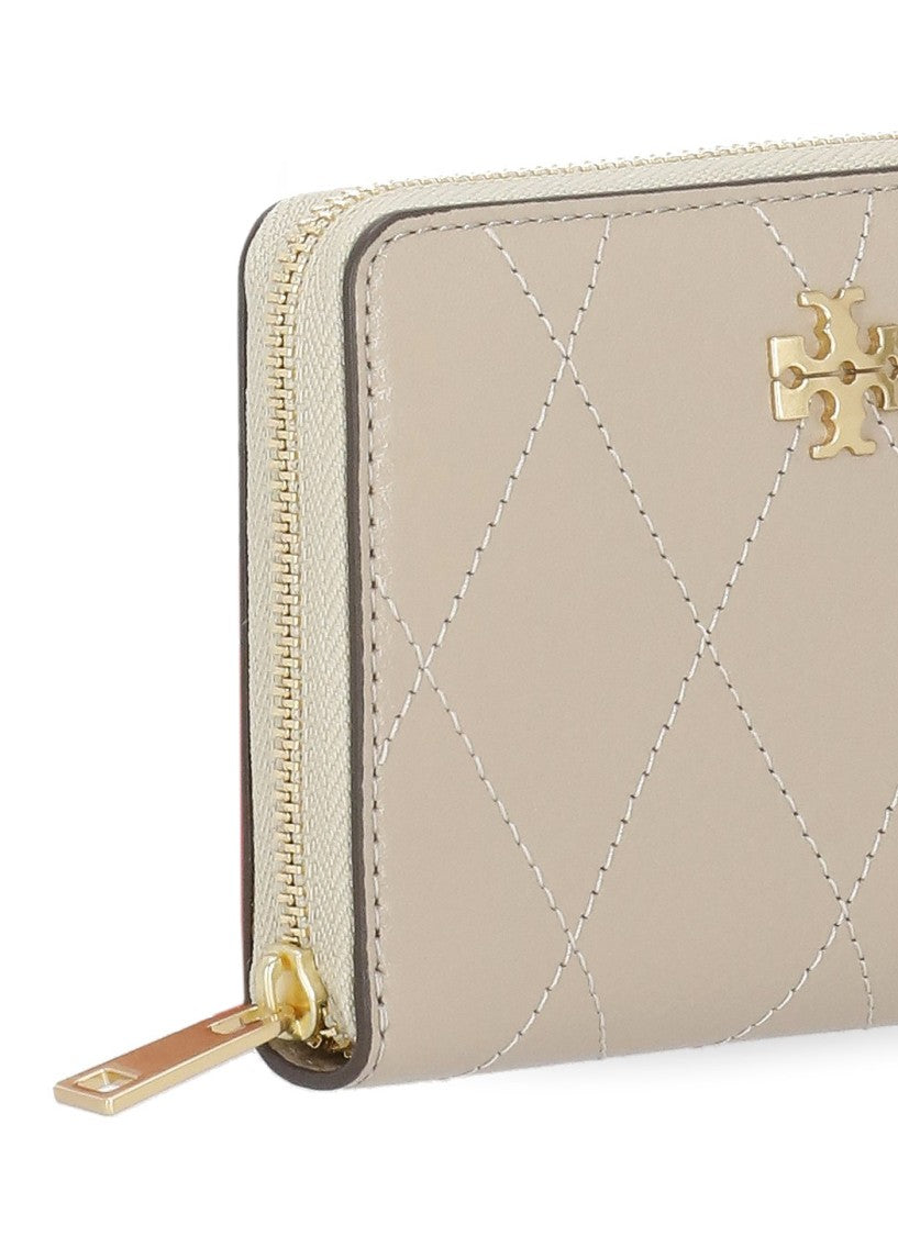 Tory Burch Beige Quilted Leather Gold Logo Zip Wallet