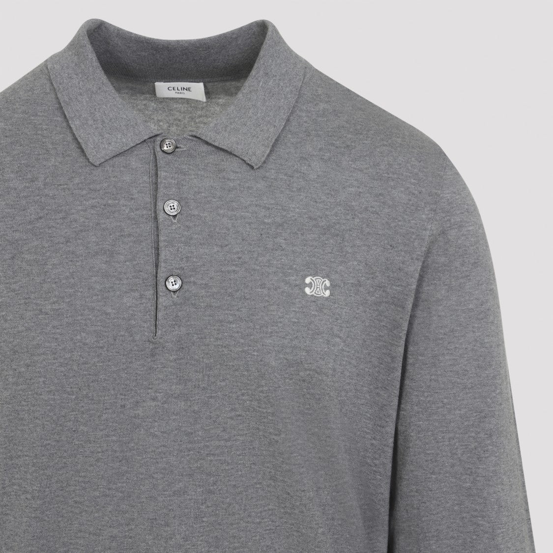 Celine Medium Grey Cotton Polo Sweater With Classic Collar And Embroidered Logo