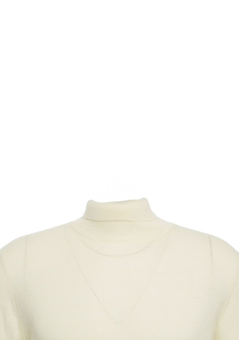 Gender Beige Knit Sweater With Mock Neck And Ribbed Detailing