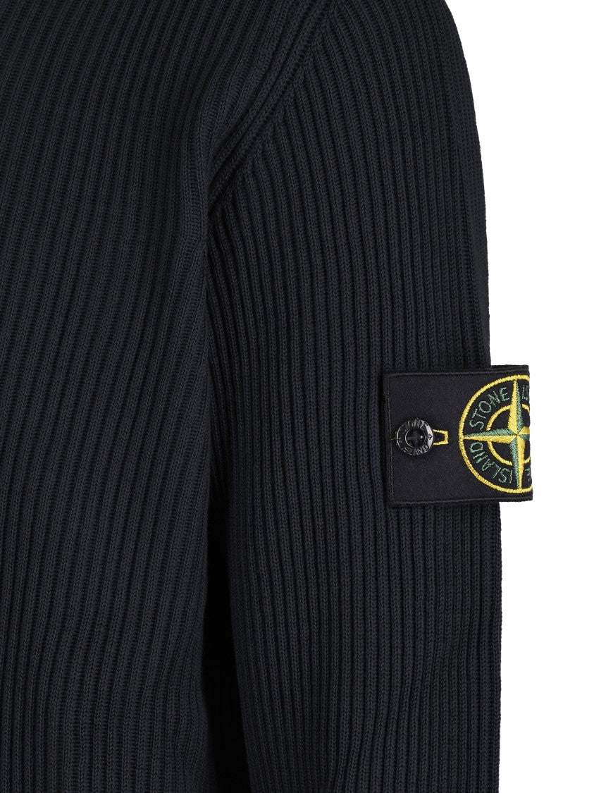 Stone Island Ribbed Knit Black Sweater With Logo Patch