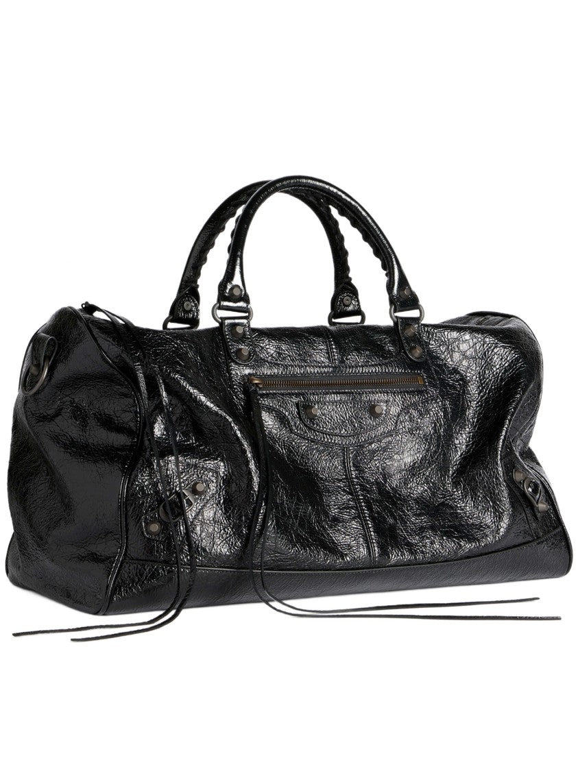 Balenciaga Glossy Black Leather Duffle Bag With Studded Zip Pocket