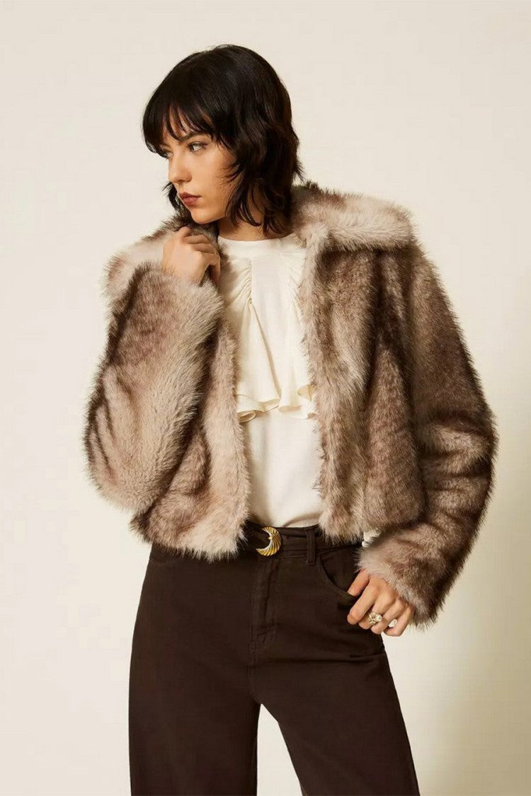 Twin-Set Brown Wide Notch Collar Faux-Fur Polyester Jacket
