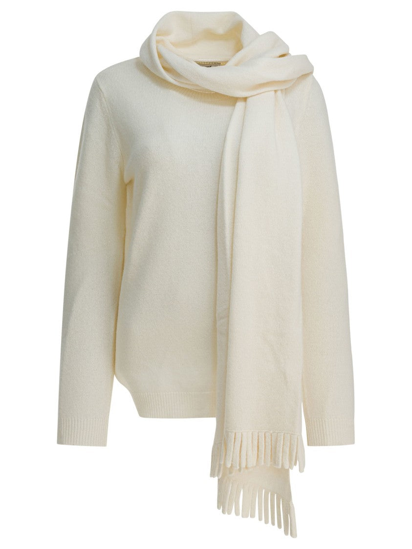 Sandbeige Knitwear With Attached Scarf And Fringed Ends