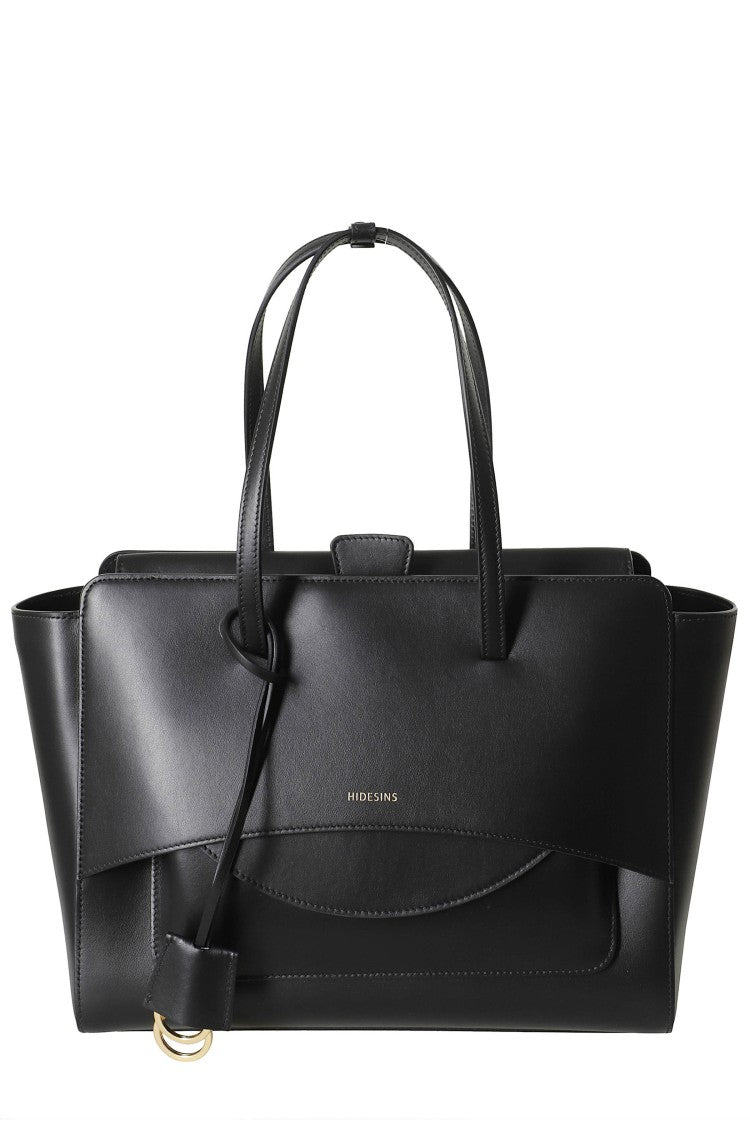 Hidesins Black Structured Flap L Gold Logo Leather Shoulder Bag