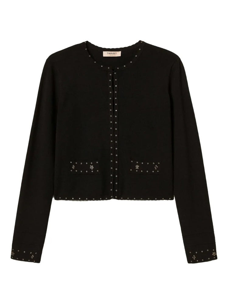 Twin-Set Black Cropped Stud Embellished Viscose-Blend Cardigan