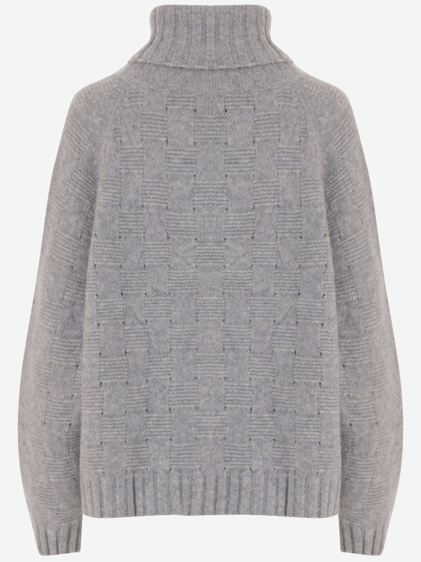 Allude Grey Geometric Pattern Cashmere Silk Turtleneck Sweater