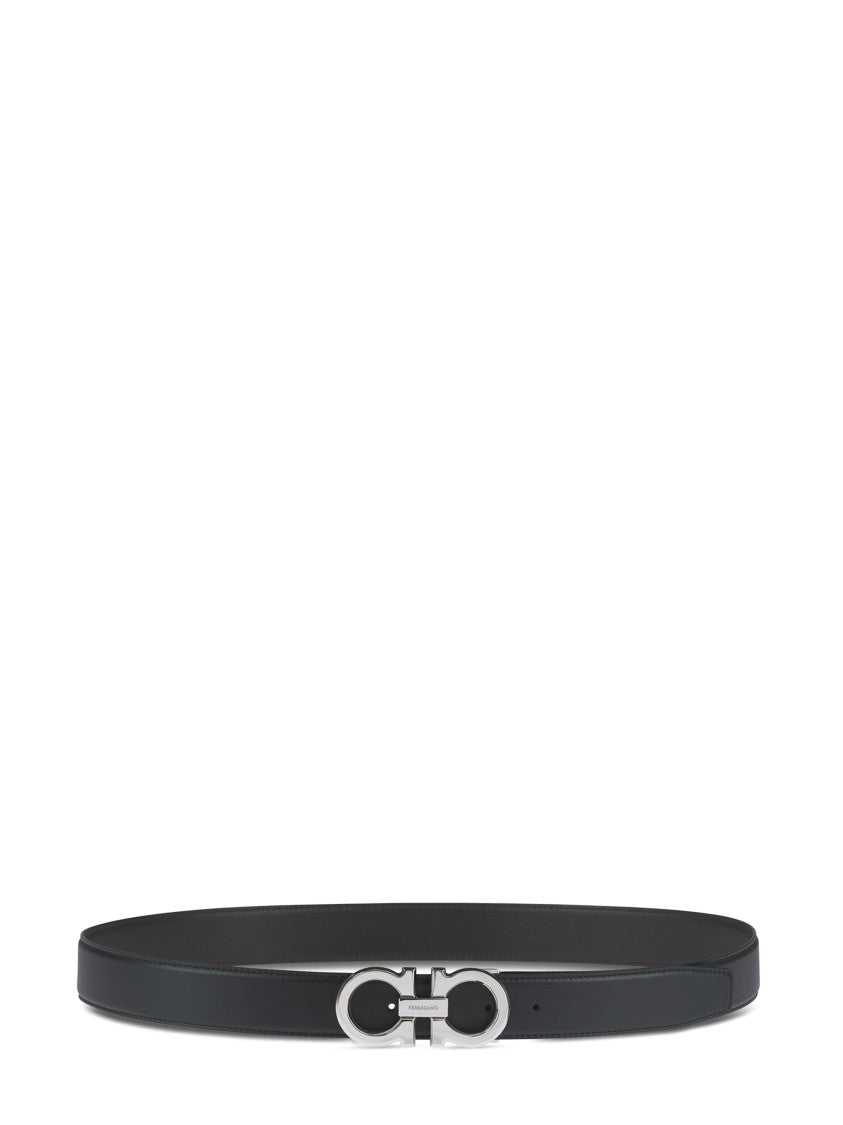 Ferragamo Calf Leather Belt With Polished Silver Buckle And Iconic Logo
