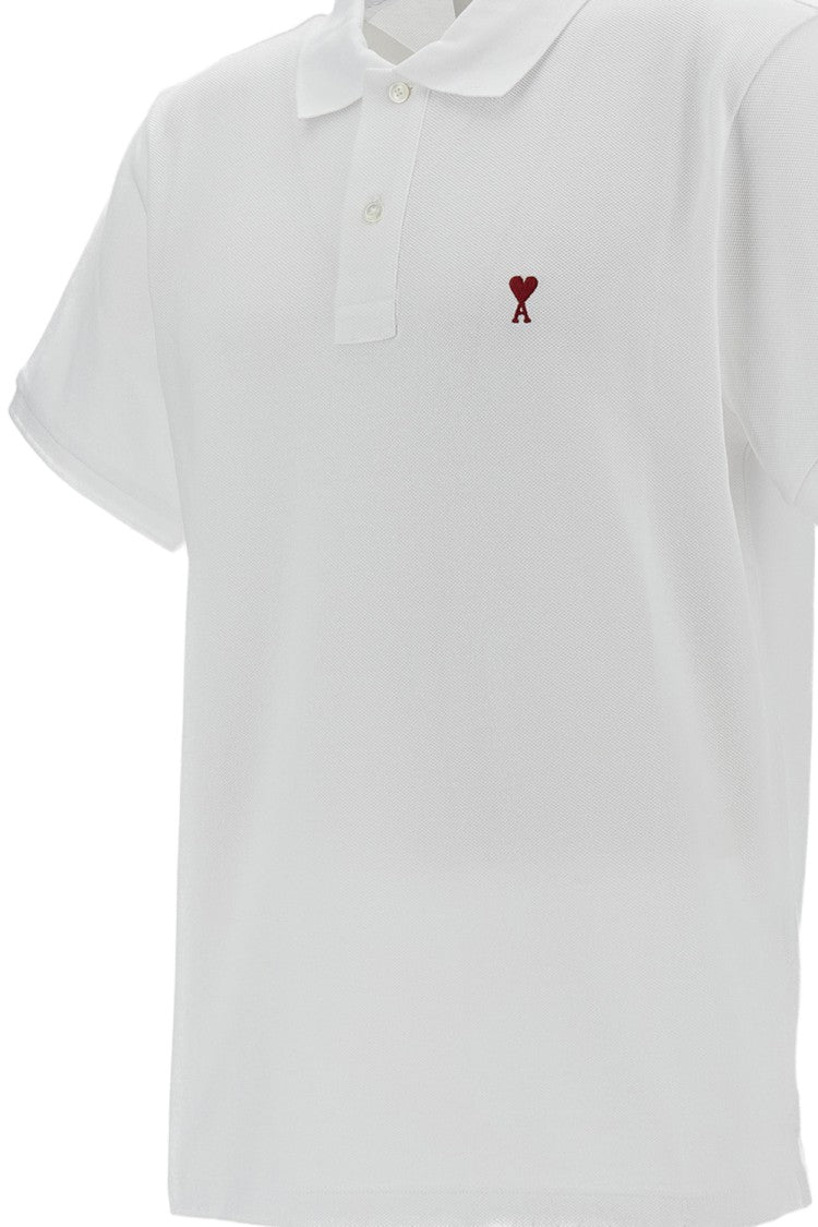 Ami Paris Classic Fit Organic Cotton Polo With Red Ami De Coeur