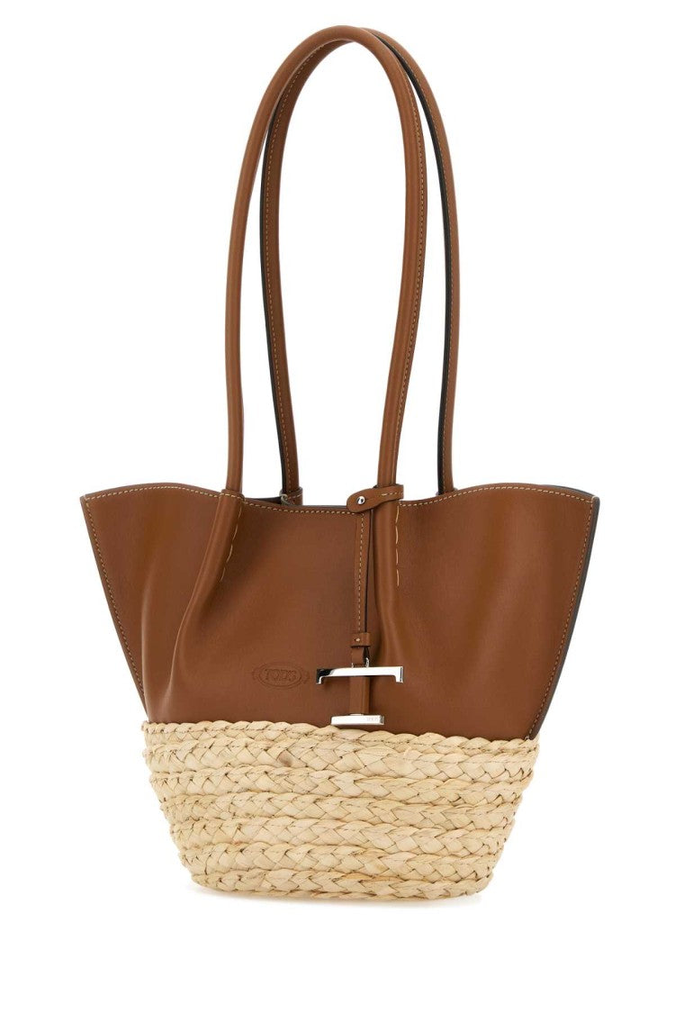 Tod's Two-Tone Leather And Raffia Small Shopping Bag