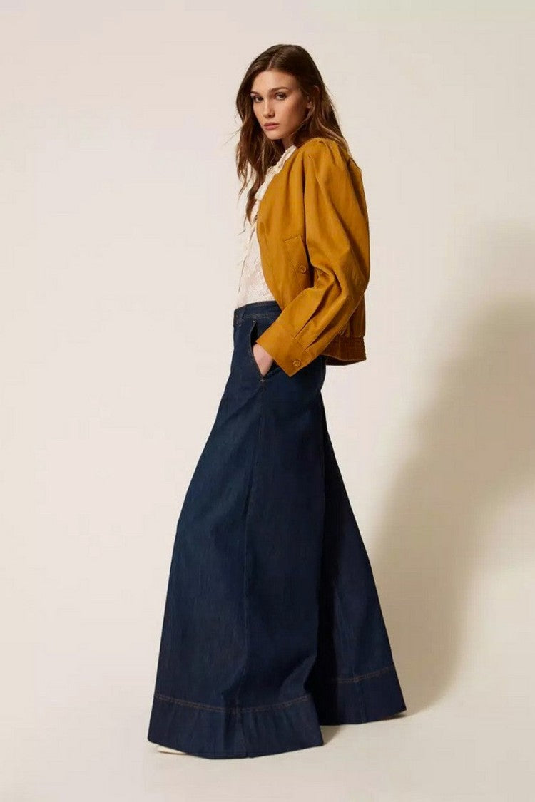Twin-Set Blue Cotton-Elastane Wide-Leg Denim Trousers