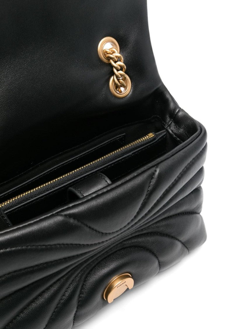 Pinko Black Sheepskin Quilted Foldover Shoulder Bag