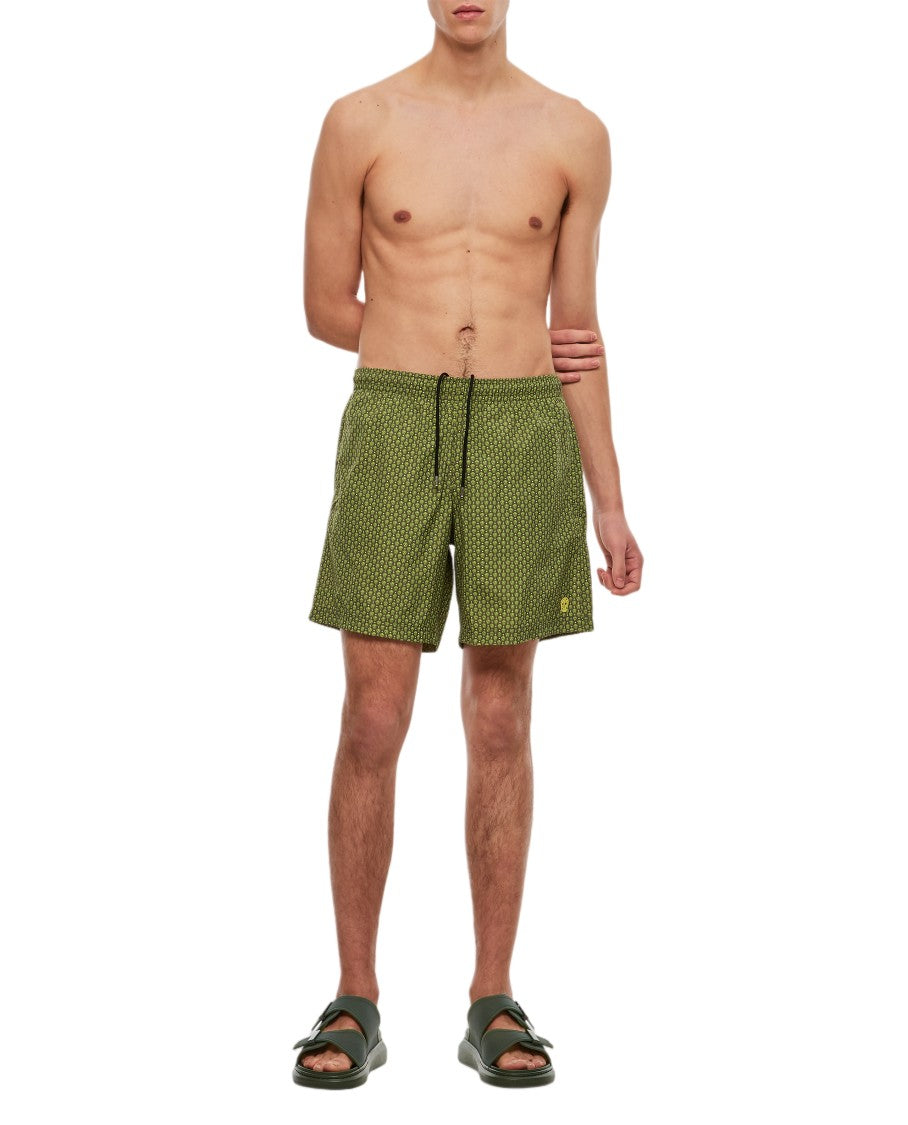 Alexander Mcqueen Skull-Embellished Green Swim Shorts With Adjustable Waistband