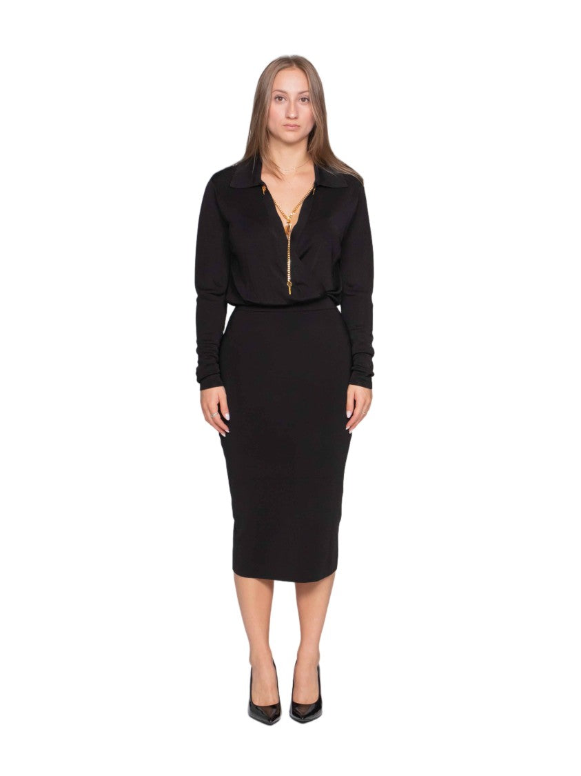 Elisabetta Franchi Black V-Neck Zipper Midi Dress